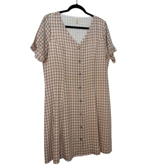 O.T.T Dresses & Skirts - O.T.T Tan White Gingham Button Front Midi Dress Women’s Size Large Cottagecore